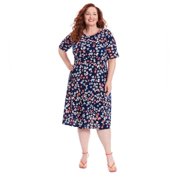 NWT London Times Woman’s Plus Size Printed Jersey A-Line Midi Dress Blue 20W - Picture 3 of 8